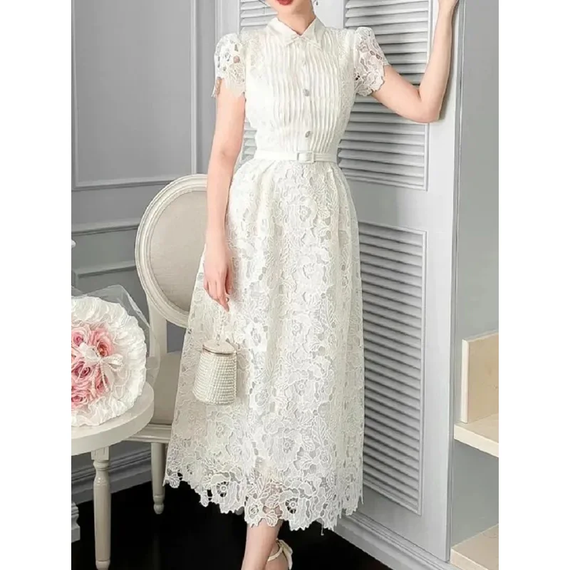 

2024 New Fashion Elegant Runway Summer Dress For Women Short Sleeve Lace Hollow Out Party Vintage Midi Dresses