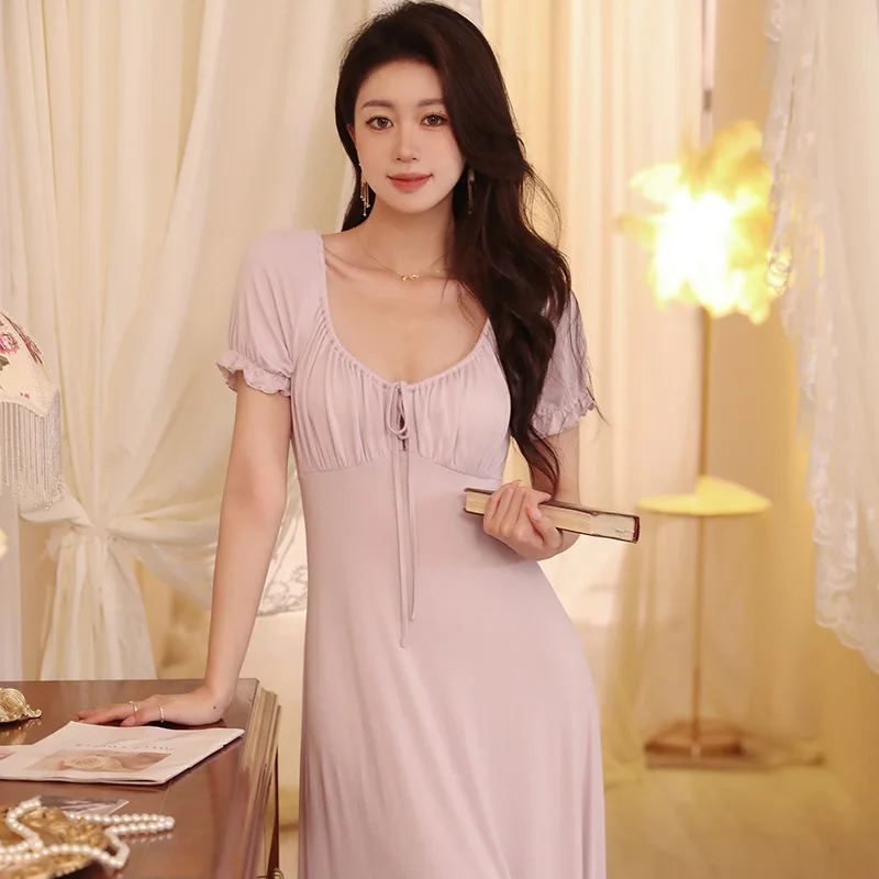 

2023 New Princess Style Short Sleeve Pajama Dress Summer Sweet Long Knee Length Nightgowns Solid Modal Sexy Sleepwear