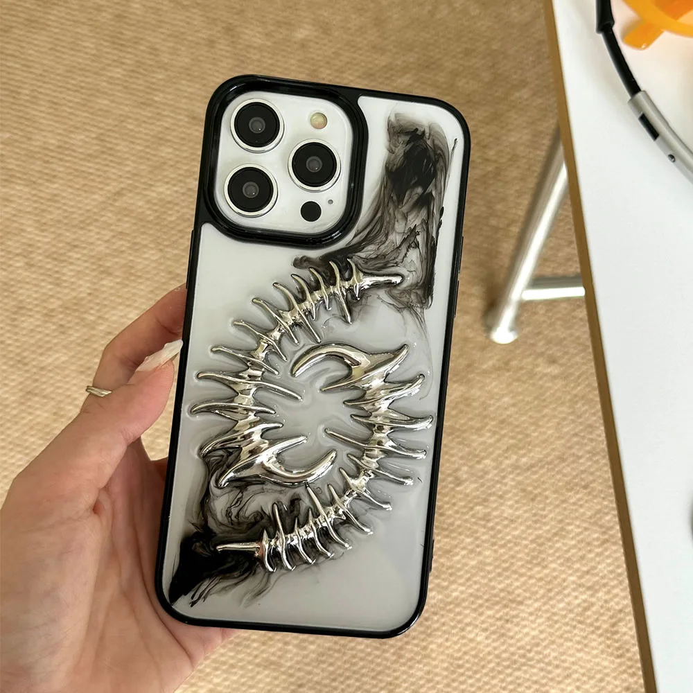 Luxury 3D Metal Fish Bone Clear Phone Case For iPhone 15 13 14 12 Pro Max 11 Punk Chic Shockproof Bumper Silicone Epoxy Cover