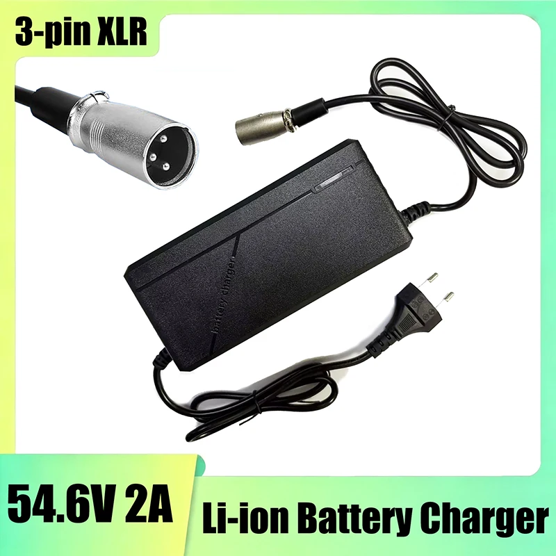 54.6V 2A Lithium Battery Charger 3‑Pin XLR Male Connector for 48V 13S Li‑ion E‑Bike Electric Bicycle Power Supply Adapter