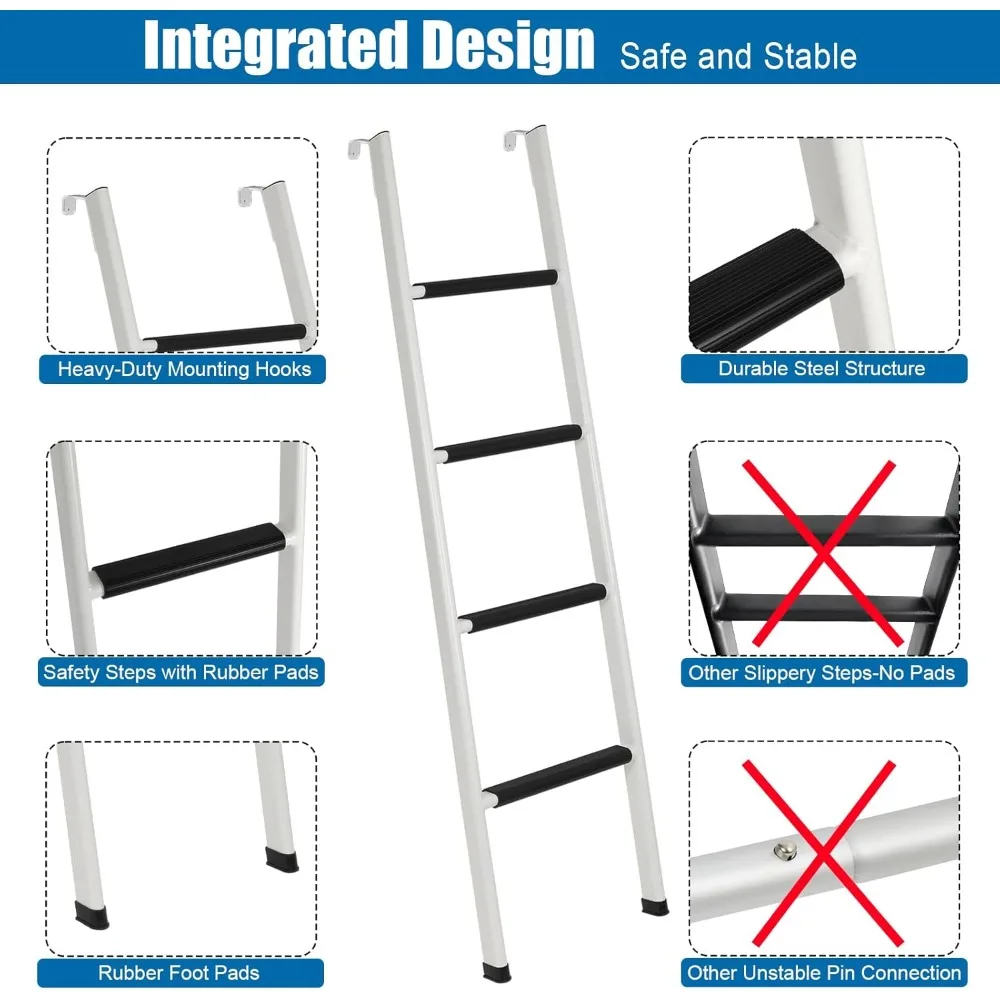 Escada de beliche antiderrapante para RV, escada de beliche de aço resistente integrada de 52 polegadas com almofadas de borracha antiderrapantes e ganchos - branca