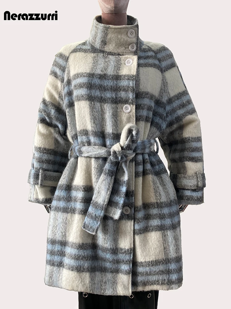 

Nerazzurri Autumn Winter Oversized Colorful Thick Warm Plaid Woolen Coat Women Sashes Single Breasted Loose Korean Fashion 2024