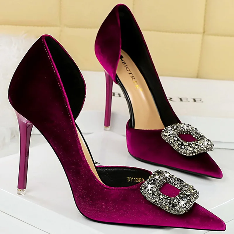 Women 10.5cm High Heels Velvet Pumps Lady Shallow Pointed Toe Side Hollow Rhinestone Crystal Buckle Super Heels Purple Shoes