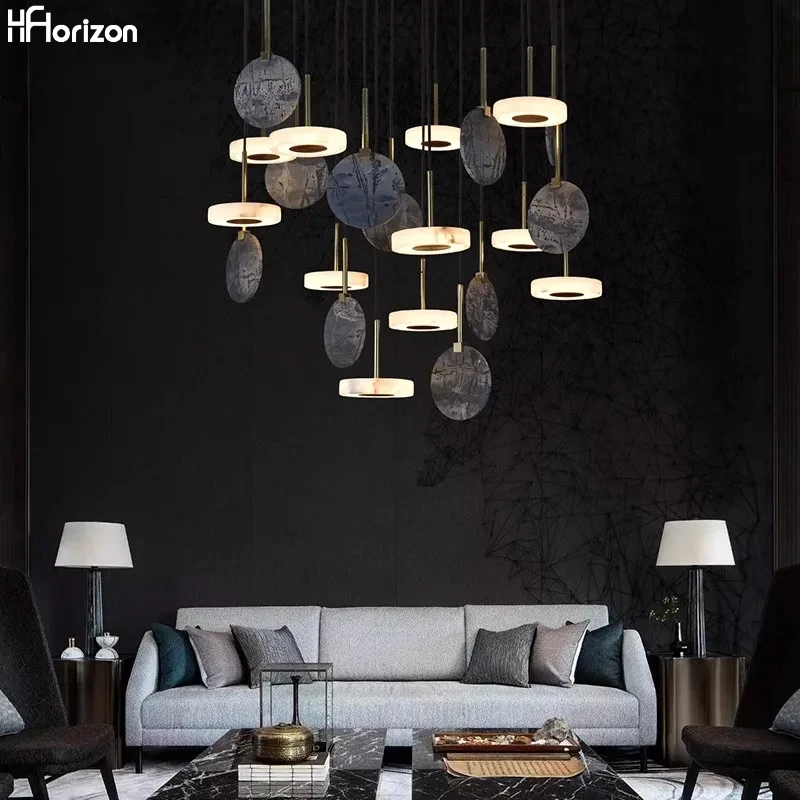 

Nordic classic alabaster Marble Wood Chandelier indoor Lighting,Lustre Hanging for Villa Duplex Living room Lighting Fixtures