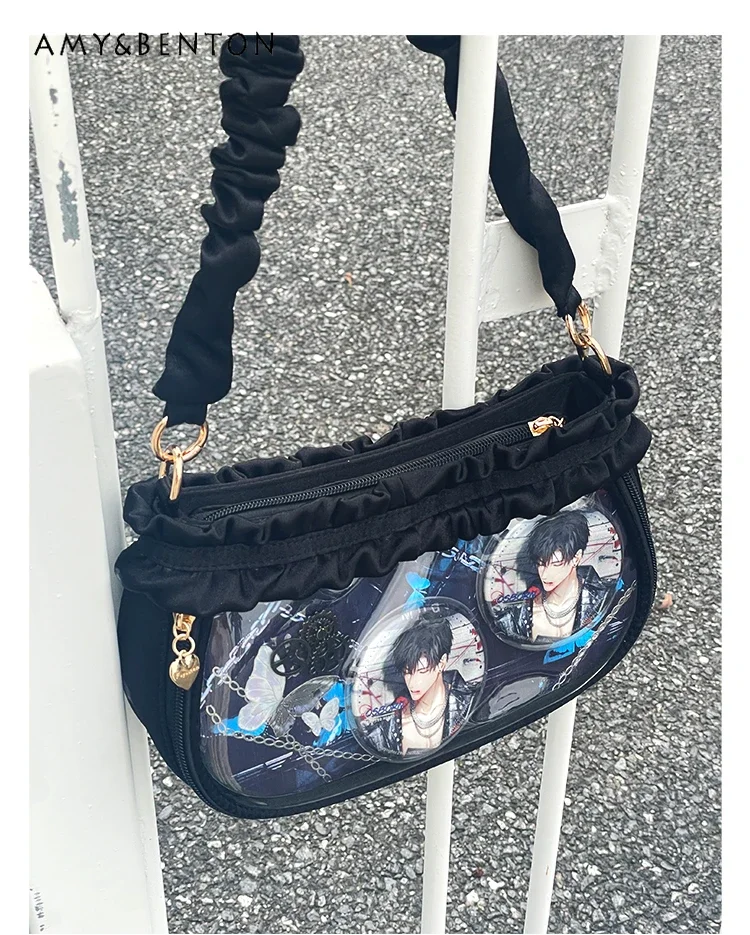 Japanese Sweet High-end Satin Transparent Messenger Bag Cute Versatile Lolita Shoulder Bag Kawaii Ruffle Edge Square Handbag