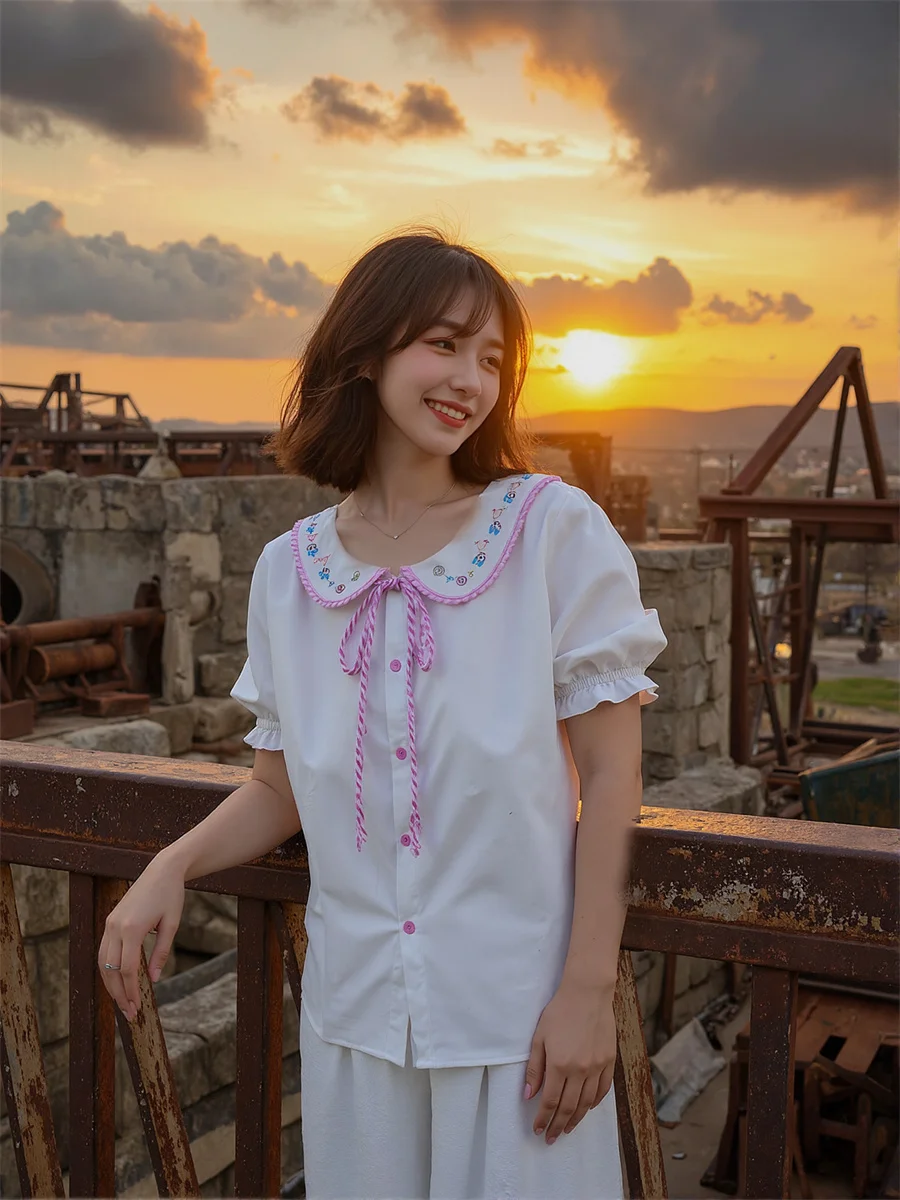 

Women Outerwears White Shirts Bow Ribbon Decorated Neck Sweet Preppy Style Feminine Youth Student School Girl Elegant College