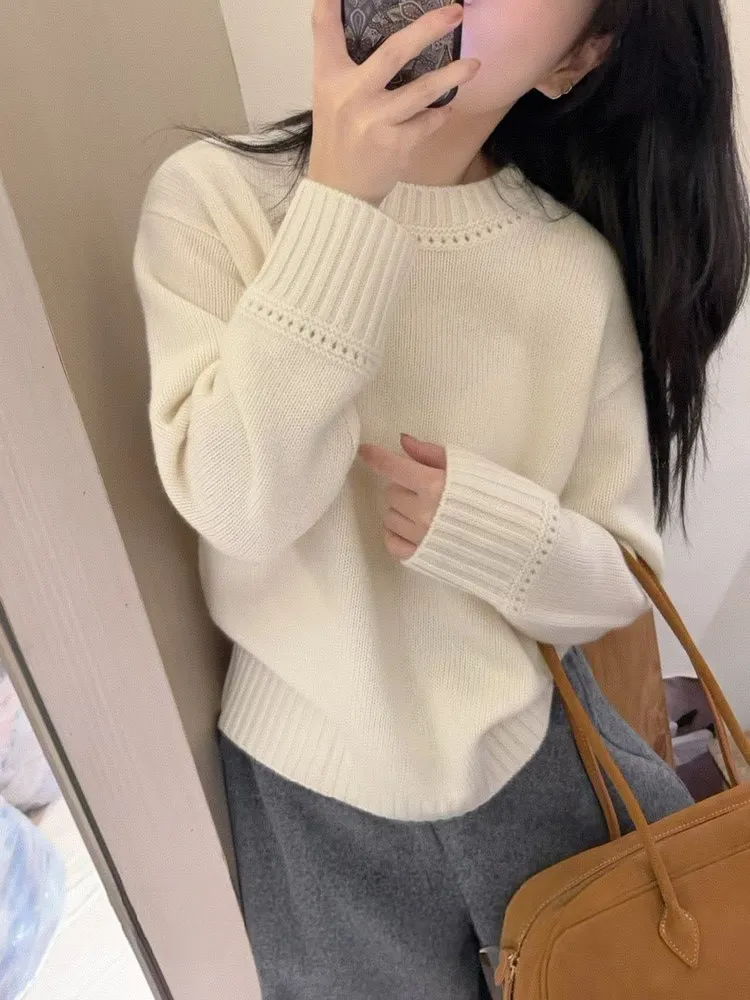

Soft Touch White Knitted Sweater Women's Autumn Winter Inner Base Shirt round Neck Hollow out Plush Feeling Knitwear Top