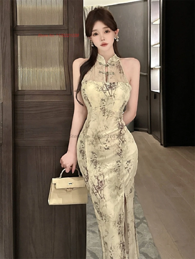 

2024 chinese sexy dress improved cheongsam traditional flower print nightclub qipao dress elegant banquet evening dress vestido