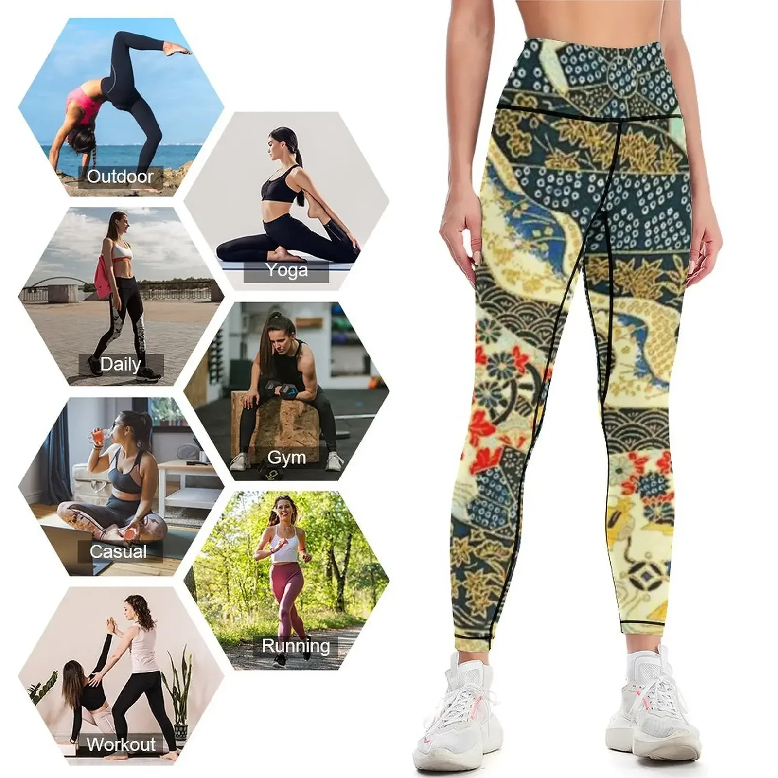 Traditional Japanese Kimono Cherry Blossom Sakura Flowers | Japanese Pattern | Gold Golden Blue and White Leggings 4