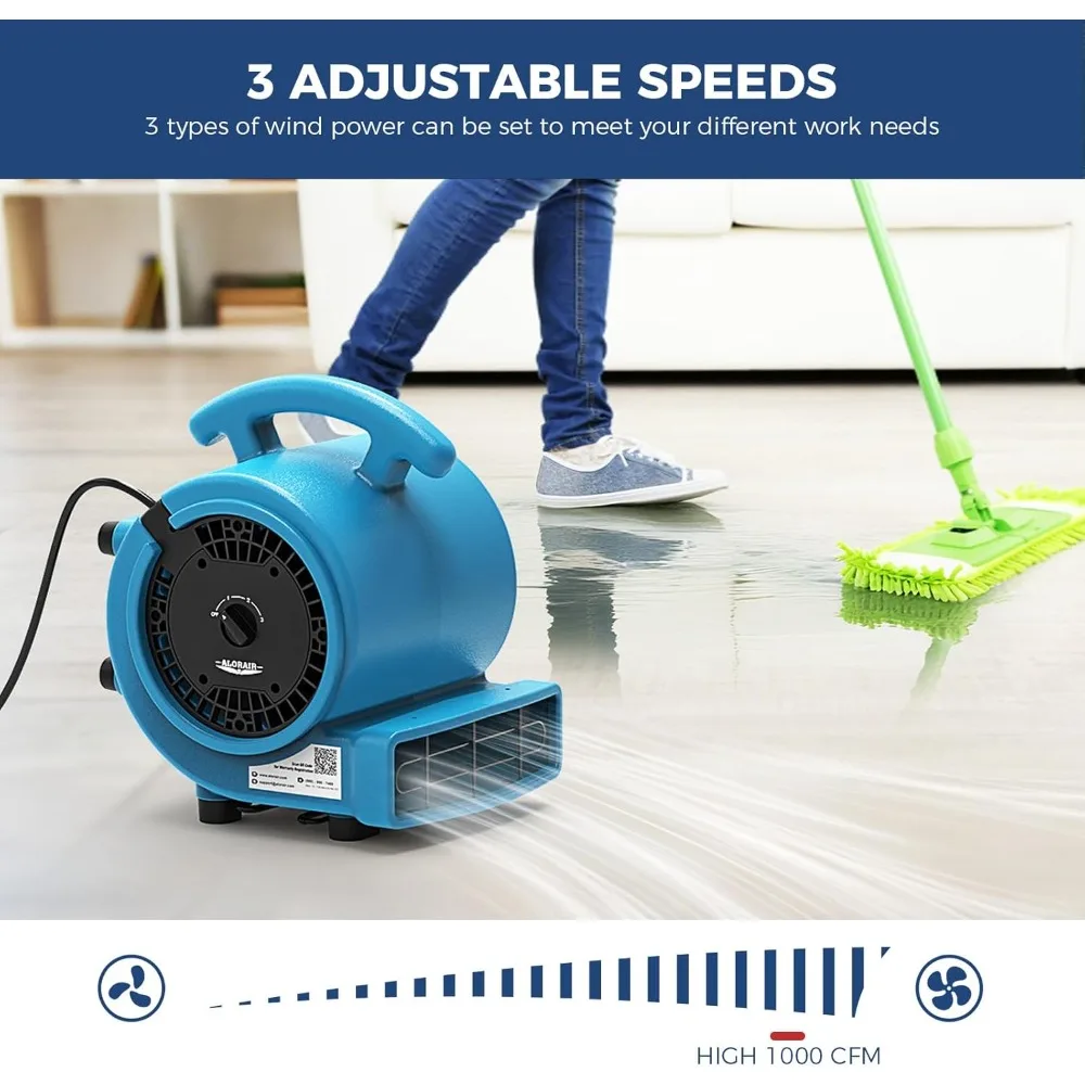 1000 CFM 에어 무버 블로워 팬, 바닥 건조 팬, 카펫 건조기, 블로워, 3단 속도 조절 가능, 5단계 각도 조절 가능, 19.68