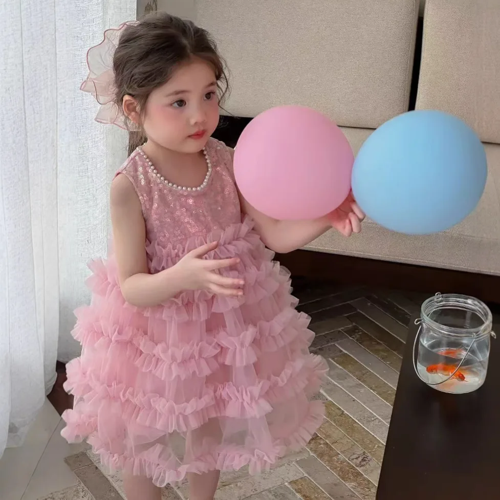 

Solid Color Cake Dress Summer 2025 New Korean Fashionable Cute Sweet Sequin Fluffy Princess Jumper Skirt