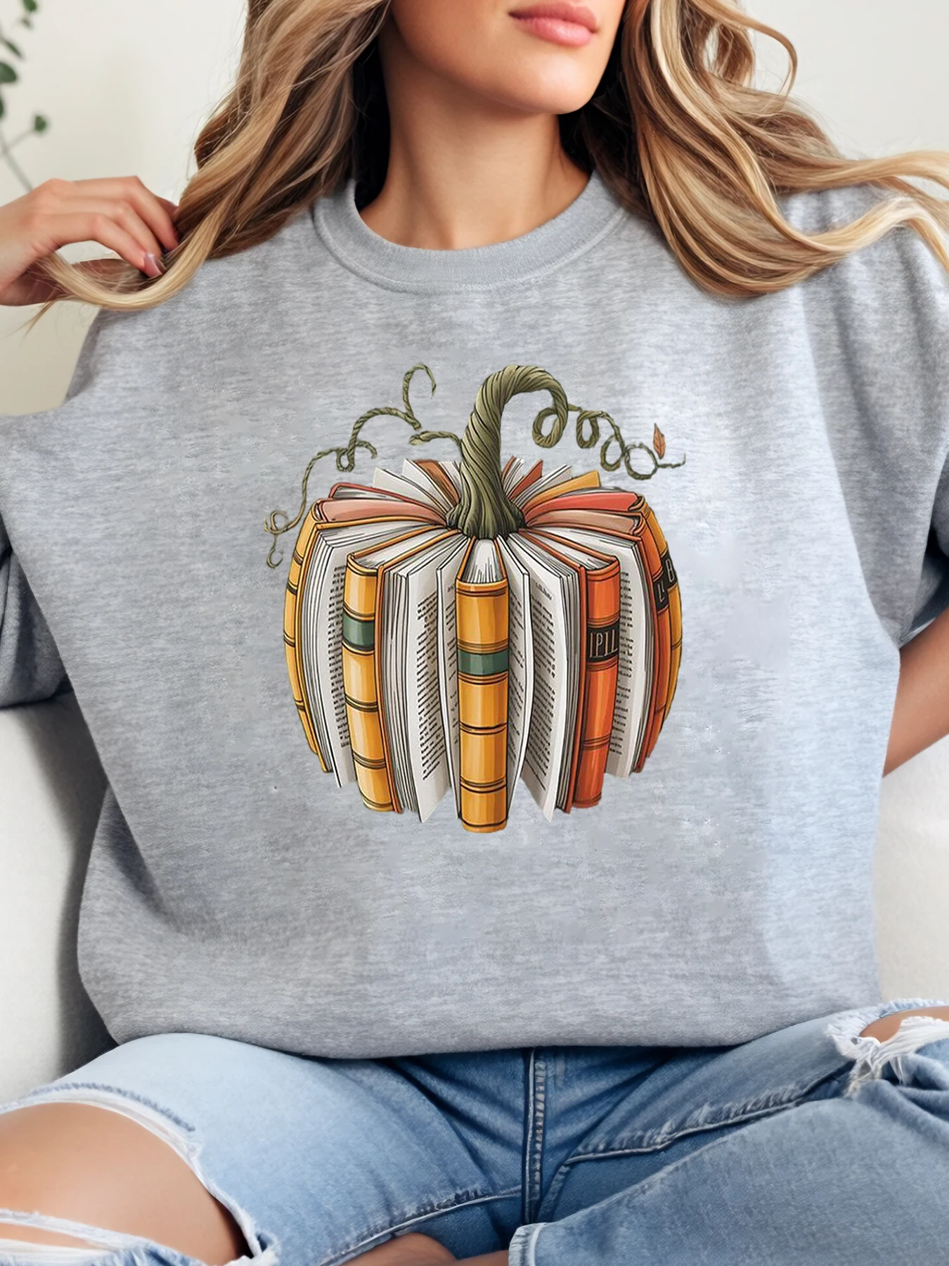 

Толстовка с круглым вырезом и принтом тыквы на Хэллоуин, женская повседневная осенняя одежда, серая, больших размеров