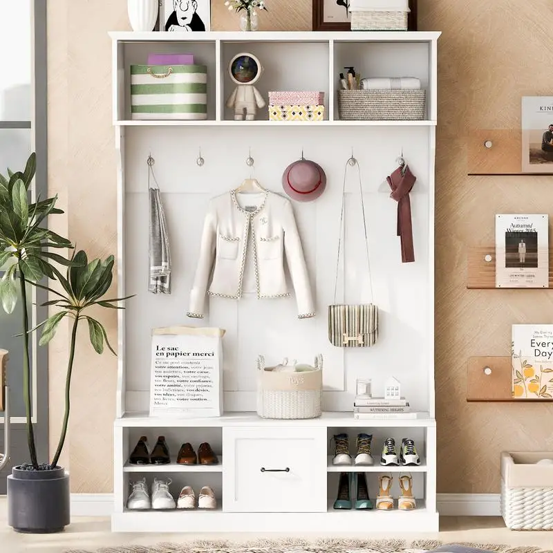 

57-Inch Hall Tree with 6 Hooks, Coat Hanger, Entryway Bench, 3-in-1 Design, Spacious Drawer for Entry, Living Room Storage