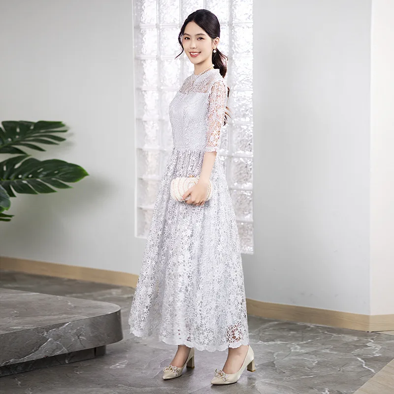 New Arrival Elegant Lace Mother Of The Bride Dress Half Sleeves Mum Formal Occasion Gowns Silver Color