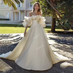 Zarif omuz kapalı düğün elbisesi ayrılabilir kollu gelin Robe 2024 Vintage saten A-line uzun gelin kıyafeti Robe De Mariée