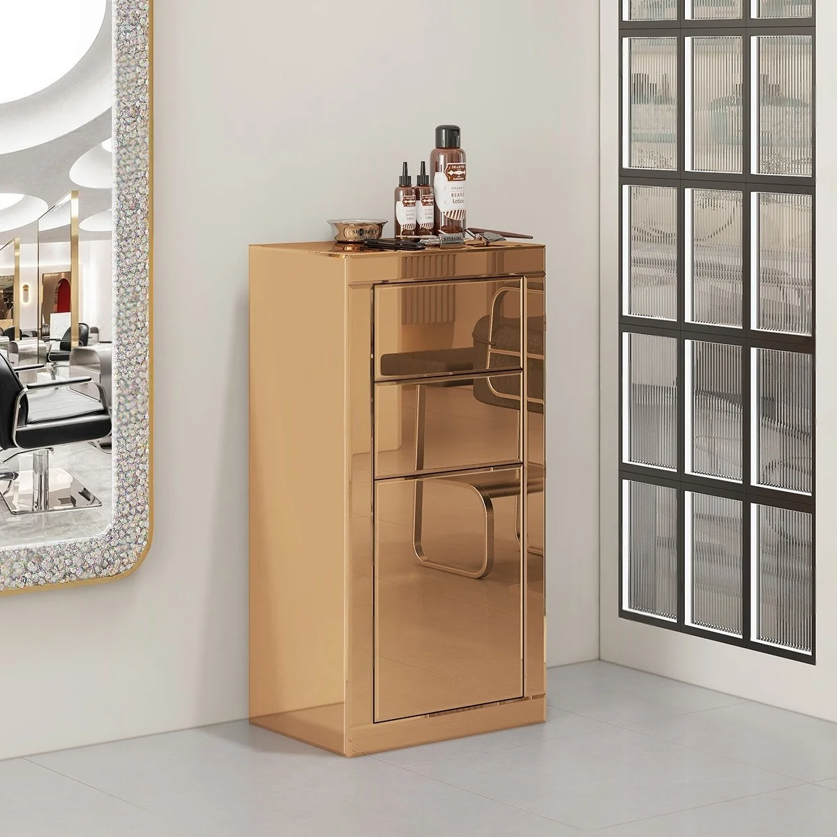 Yicheng Beauty New European-style Hair Salon Tool Cabinet Barber Shop Tool Cabinet Golden Drawer Cabinet for Sale