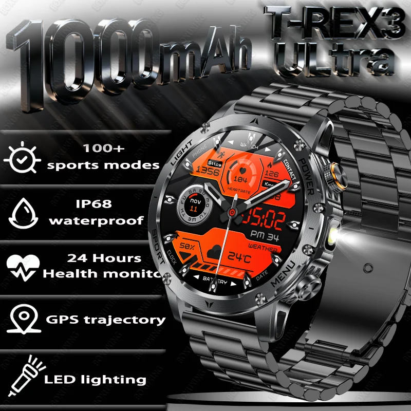 

Military T-Rex 3 Ultra 1000mAh Battery Smart Watch IP68 Waterproof Flashlight Heart Rate Sports tracker Smartwatch Men 2025 New