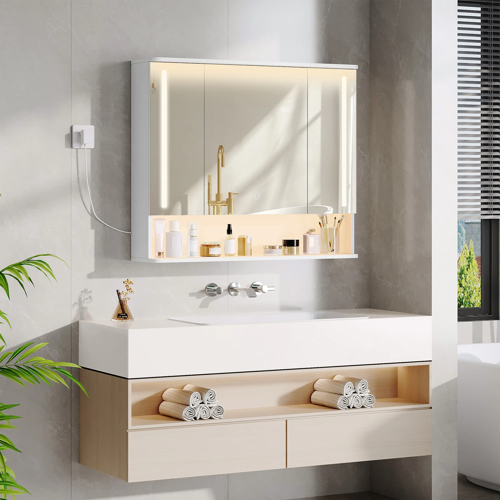 Armadietto da Bagno con Specchio e Illuminazione LED, Luci LED Alte e Basse, 3 Temperature di Colore Regolabili, Ripiani Regolabili