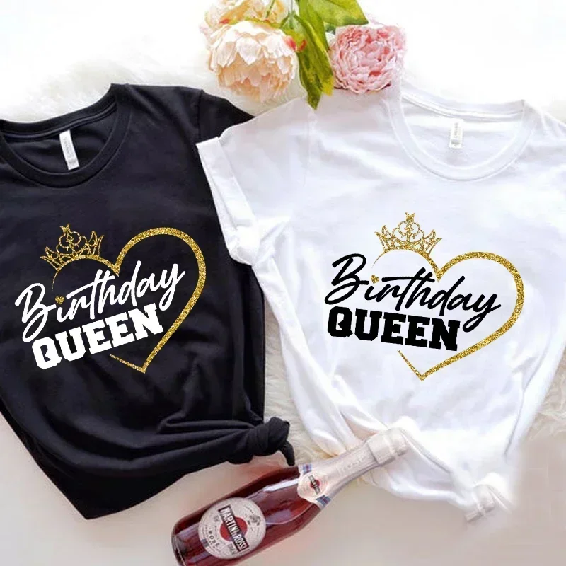 Femme Birthday Party Tshirt Female Tops Tees Birthday Queen Graphic T-Shirt Women'S Clothing Golden Crown Birthday Girl T Shirt