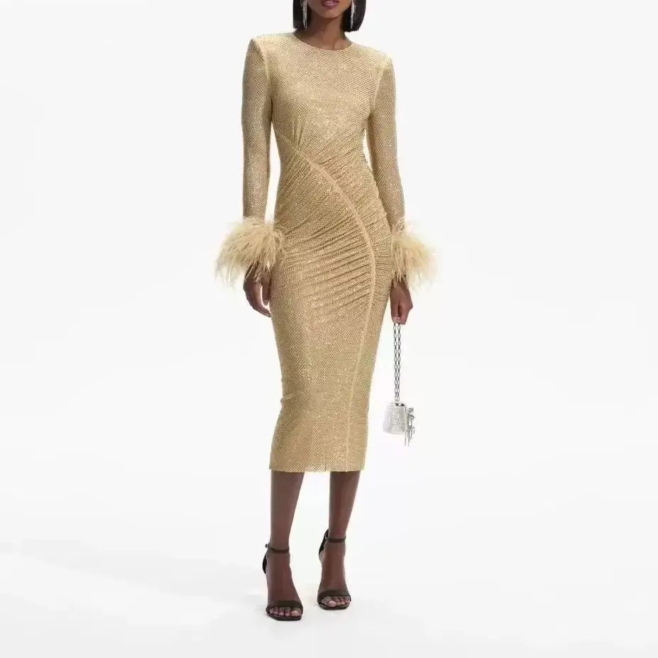 

Women hot diamond feather decoration pleated dress slim fashion party midi dress