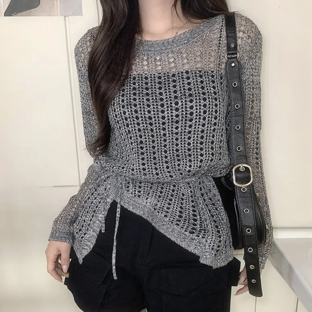 Chic Hollow out Long Sleeve Knitted Cover up Slimming Waist T-Shirt Overhead Style for Women Summer 2026 Fashion Gentle Wind
