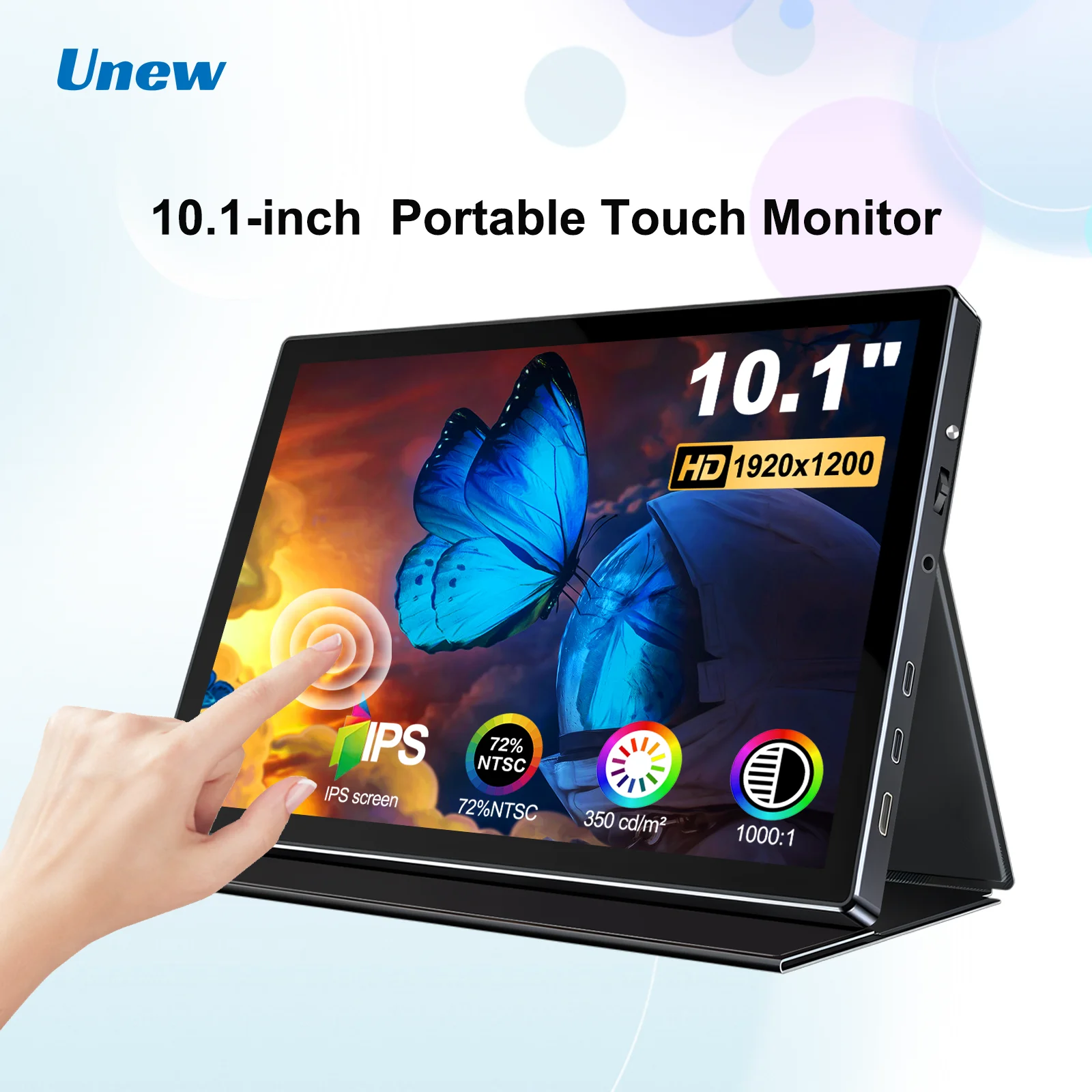 Unew Premium 10,1 Zoll tragbarer Monitor 1920x1200 Touchscreen IPS-Display Lederhülle VESA 75*75mm für Mobiltelefone mit Type-C HDMI