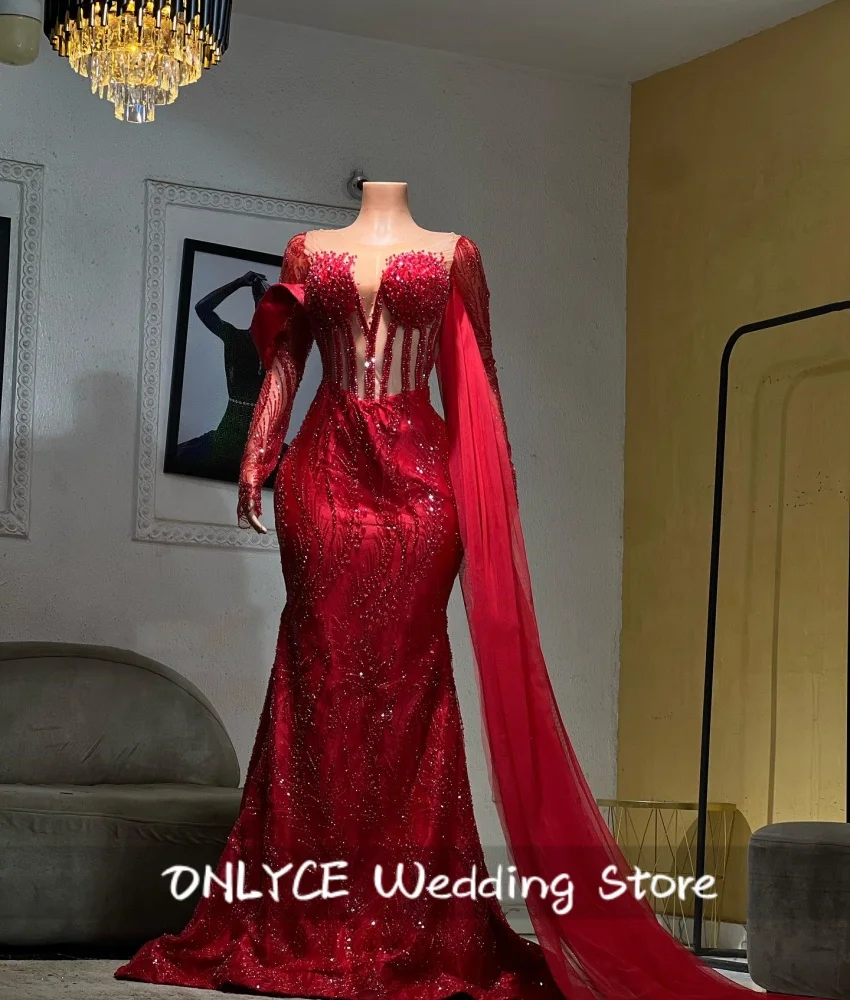 Sparkly Red Mermaid Evening Dress Bead Crystal Sequins O-Neck Long Sleeves Birthday Party Dress Prom Gown Vestido Customized 