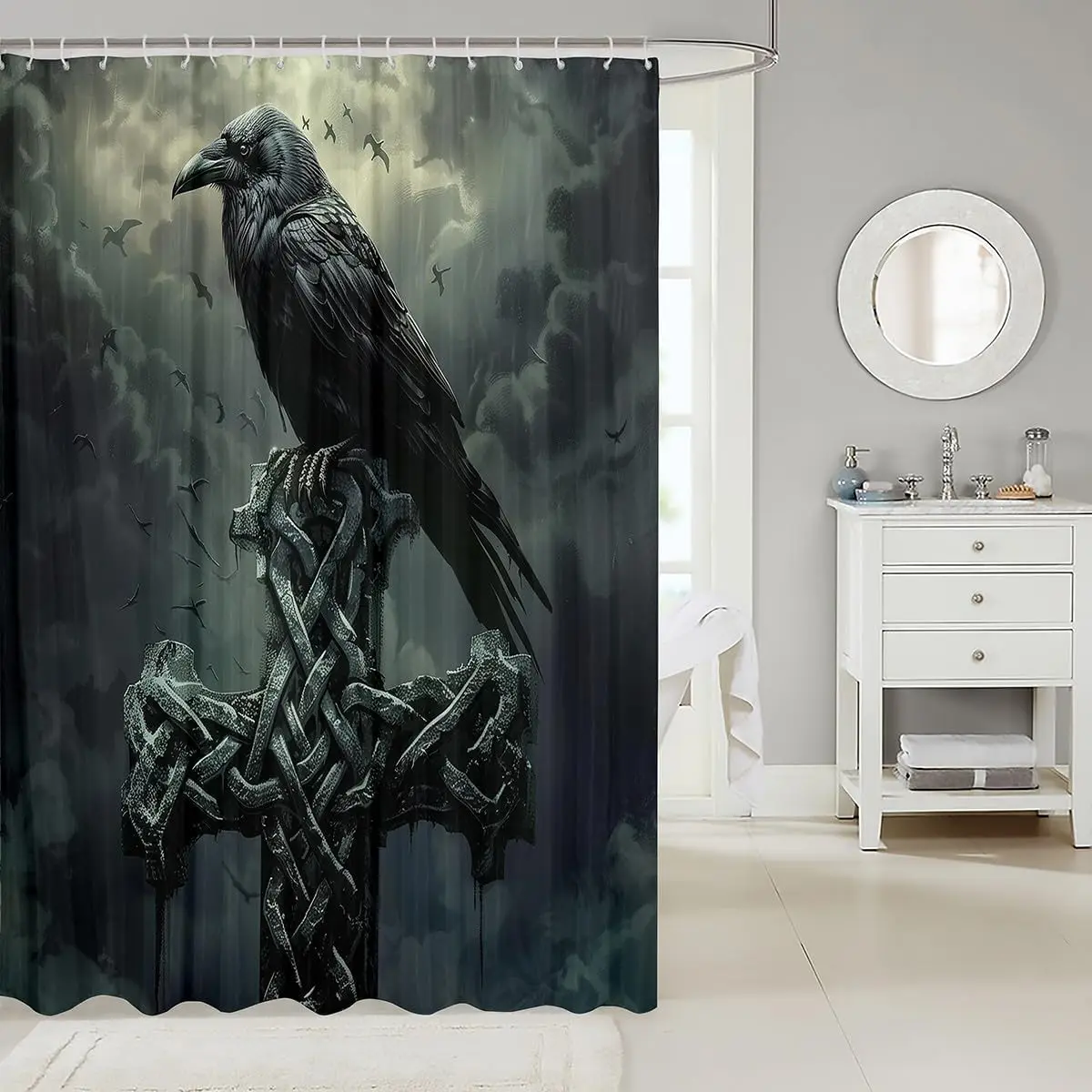 Gothic Crow Skeleton Cross Shower Curtain Halloween Bathroom Decor Art Print Waterproof Curtain 72x72 Inches