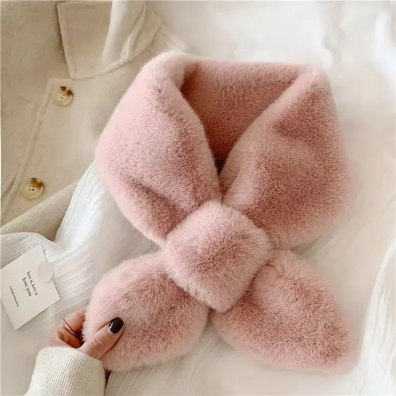 2021 New Scarf Korea Lady Style Solid Color Warm Imitation Rabbit Fur Cross Scarf Plush Fur Collar Fake Collar