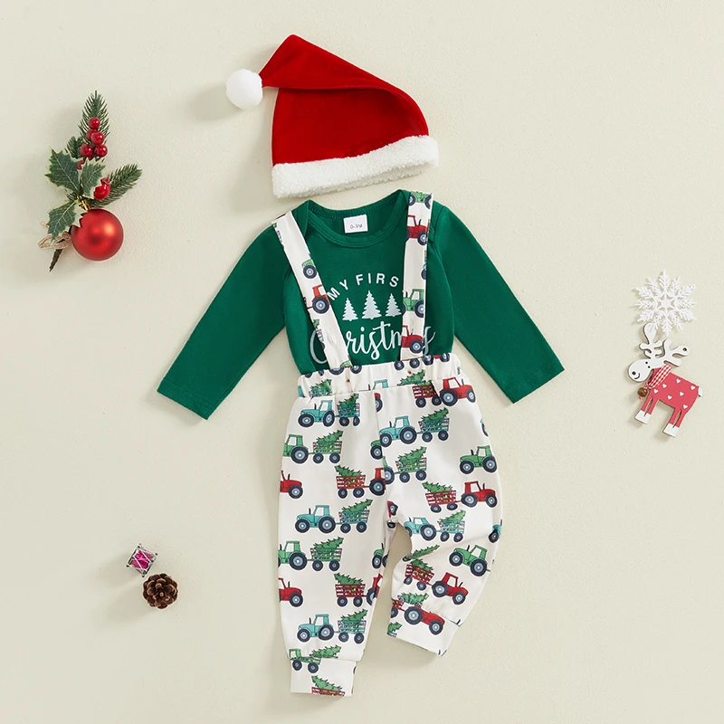 Baby Boy Christmas Outfit Long Sleeve Dots Printed Bow Tie Romper with Overall Pants and Hat Infant Outfit