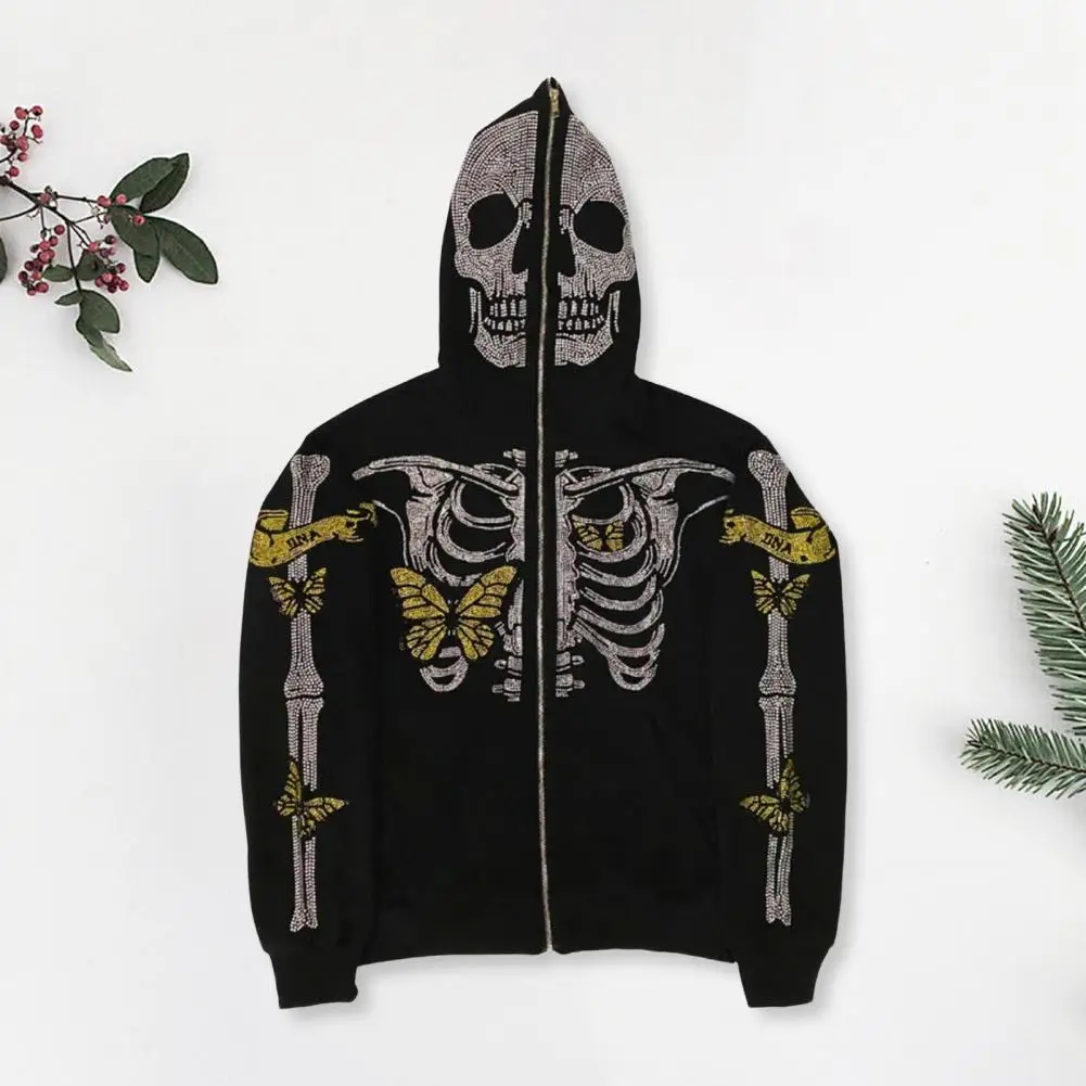 

Long Sleeves Coat Rhinestone Ghost Skeleton Halloween Hoodie with Zipper Closure Pockets for Unisex Party Cosplay Costume Long