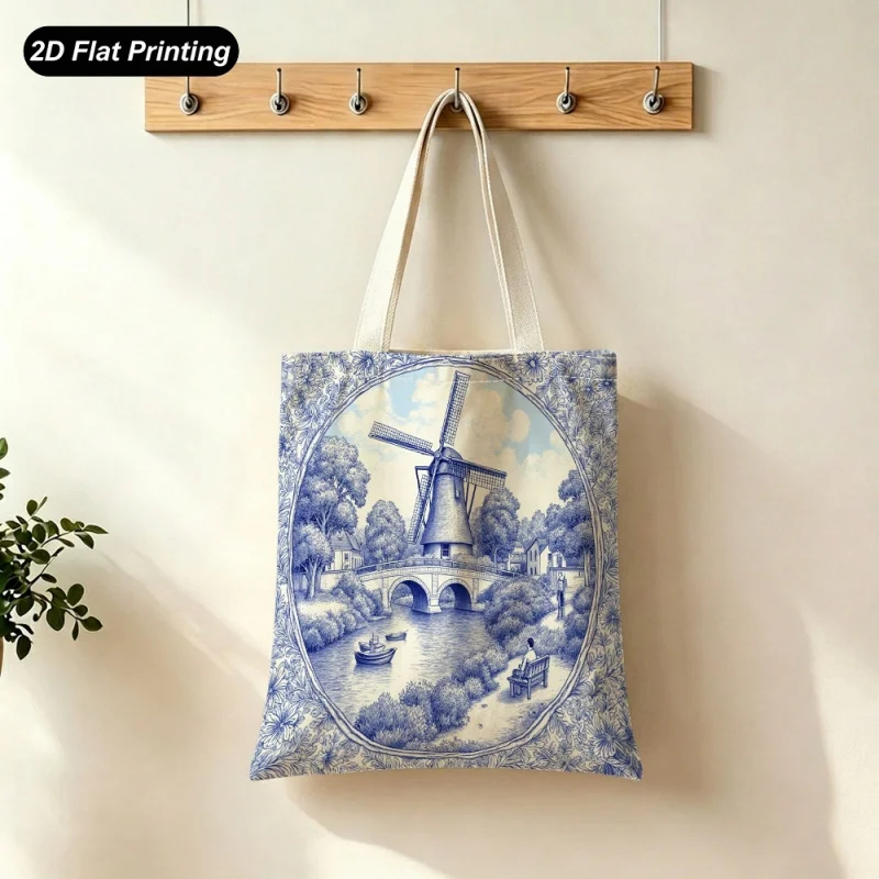 Tote Bag Nordic-style Blue and White Windmill Town Pattern Tote Bag Large Capacity Suitable for Shopping Daily Commute Travel