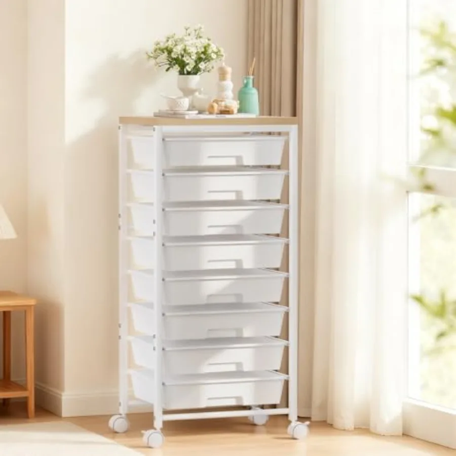 

Тележка-органайзер на колесах с 8 пластиковыми выдвижными ящиками, деревянной столешницей и металлическим каркасом для спальни, размер L