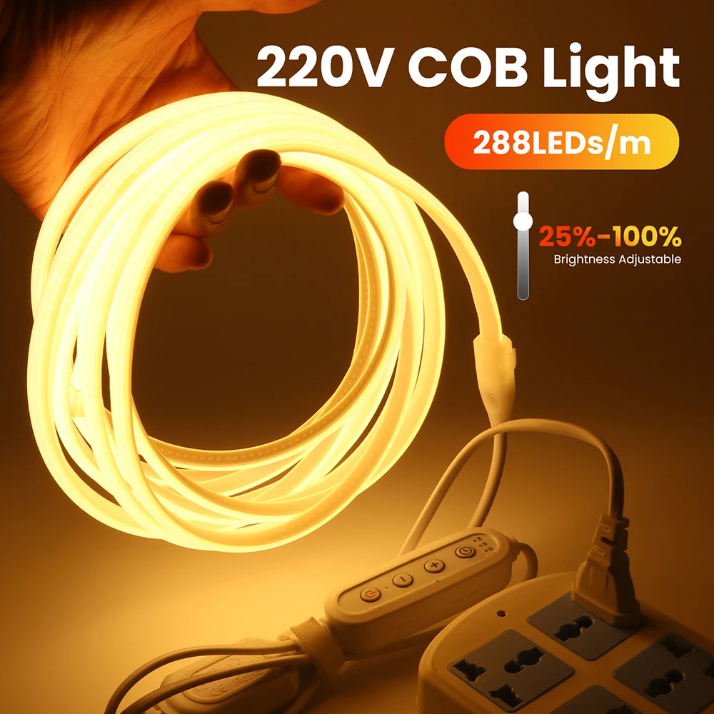 Dimmable COB LED Strip Light 4Key Dimmer Power Kit 288 LEDs Flex Lmap White/Blue/Red/Pink/Yellow/Purple/Green AC 220V EU Plug