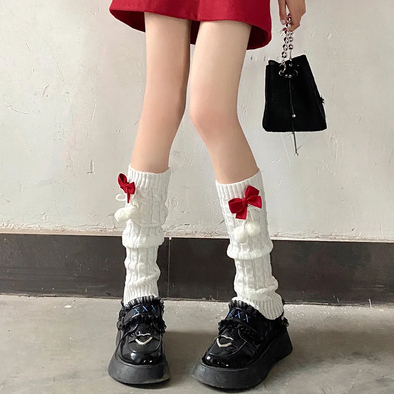 Knitted Leg Warmers Women's Cotton Cloth Geometric Pattern Moisture Wicking Calf Socks Christmas Warm Bow Red Spring and Autumn