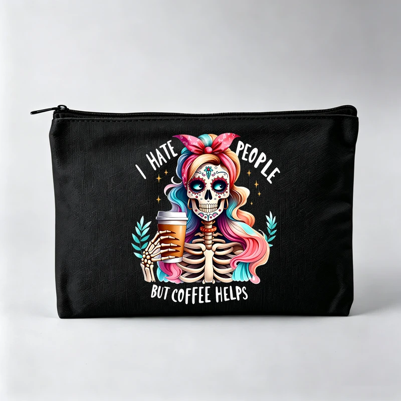 Skull Graphic Makeup Bag with Letter Print, Fashion Cosmetic Pouch for Daily Use