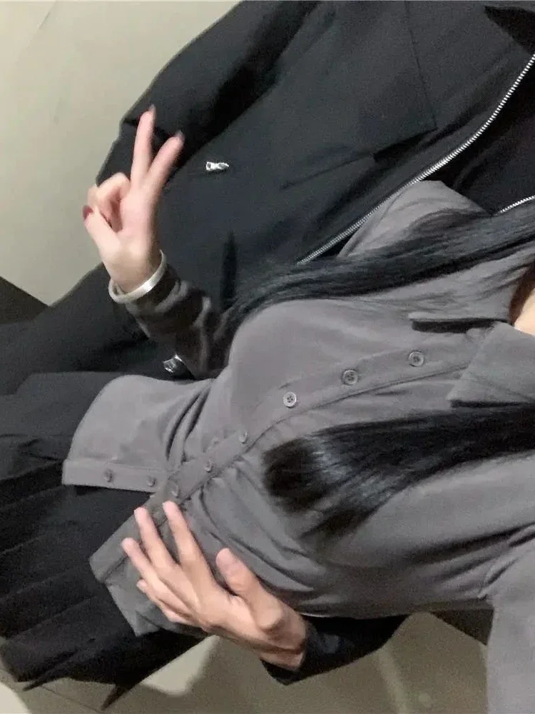 Camisas cortas de estilo Preppy para mujer, Túnica de moda coreana en el interior, Tops informales de manga larga, estética de primavera, combina con todo, Vintage Ulzzang