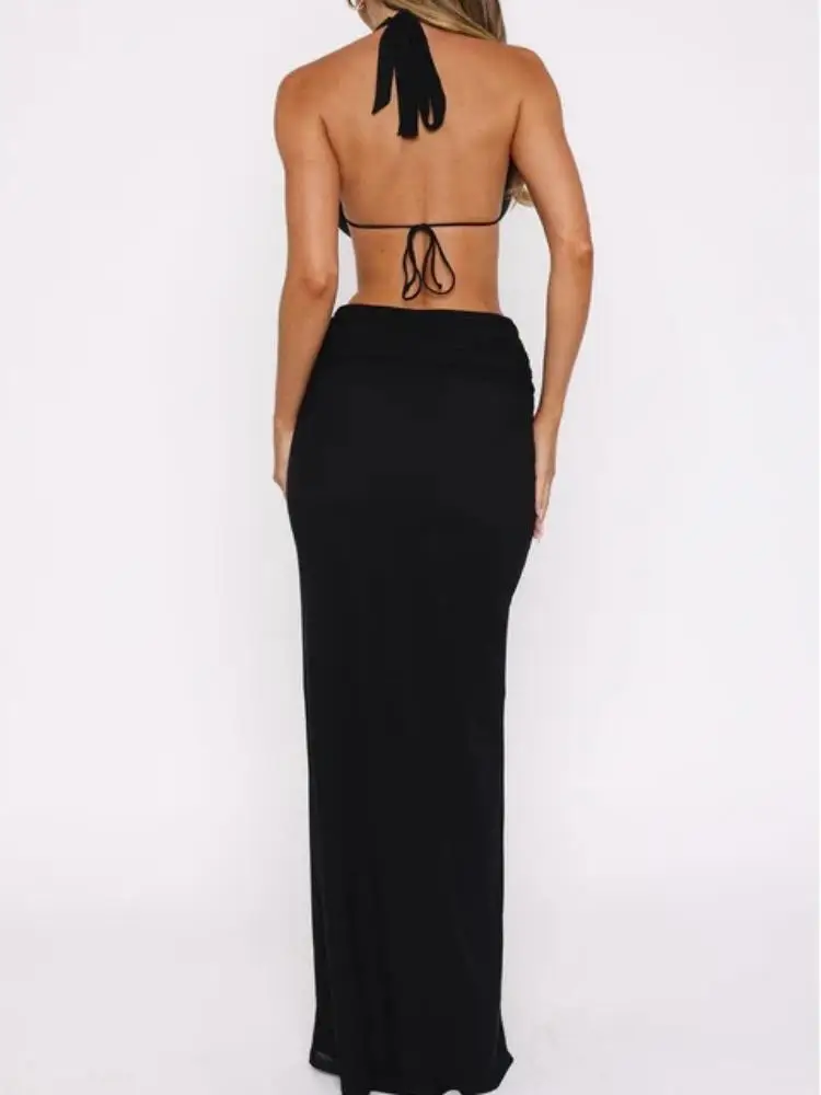 Seksowna, jednolita, z głębokim dekoltem w kształcie litery V, z wycięciami, wiązana na szyi, z wiązaniem na plecach, długa sukienka bez pleców na lato 2025, odzież damska.