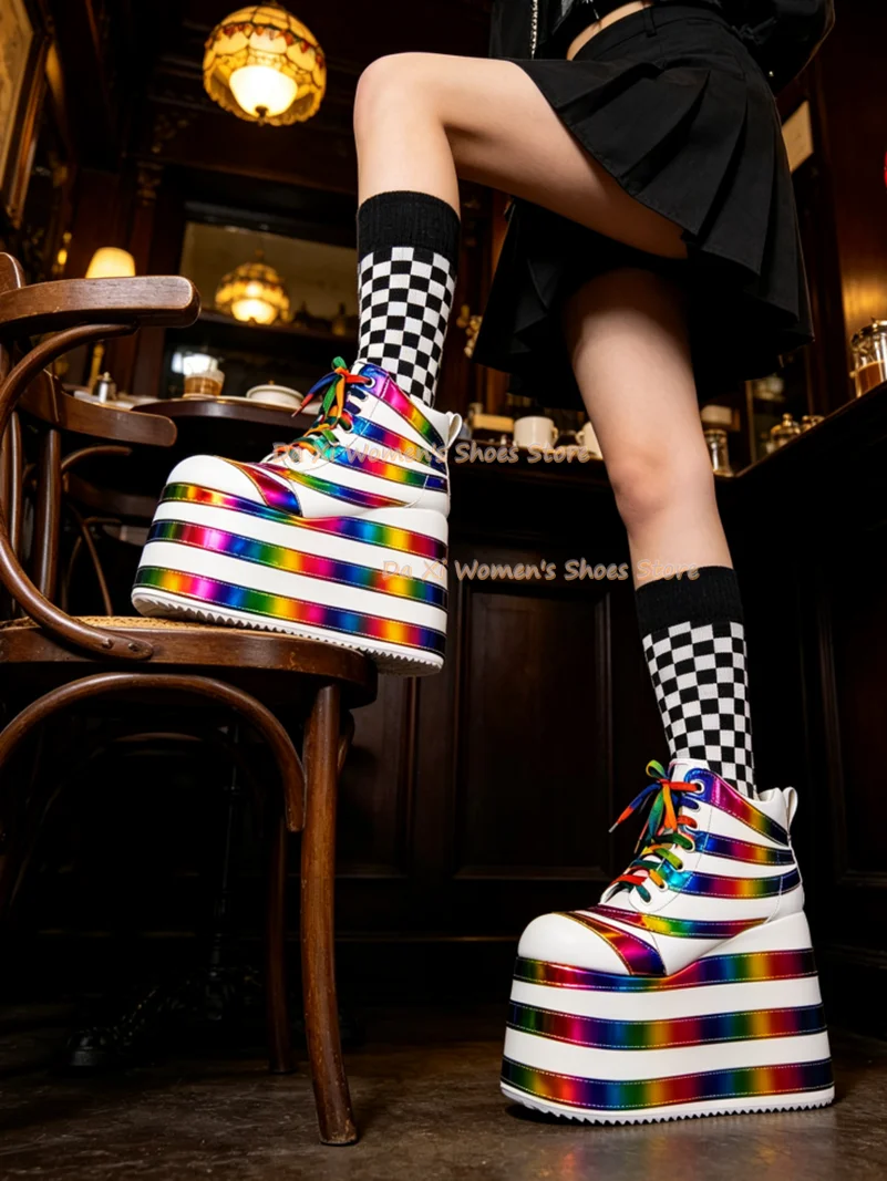White Rainbow Holographic Platform Sneakers Super High Layered Chunky Sole High Top Lace‑Up Shoes Rave Festival Cosplay Party