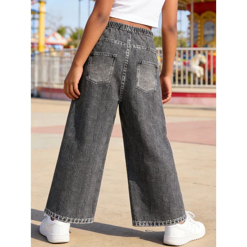 2026Children Leopard Print Star Black Gray Imitation Denim Straight Pants
