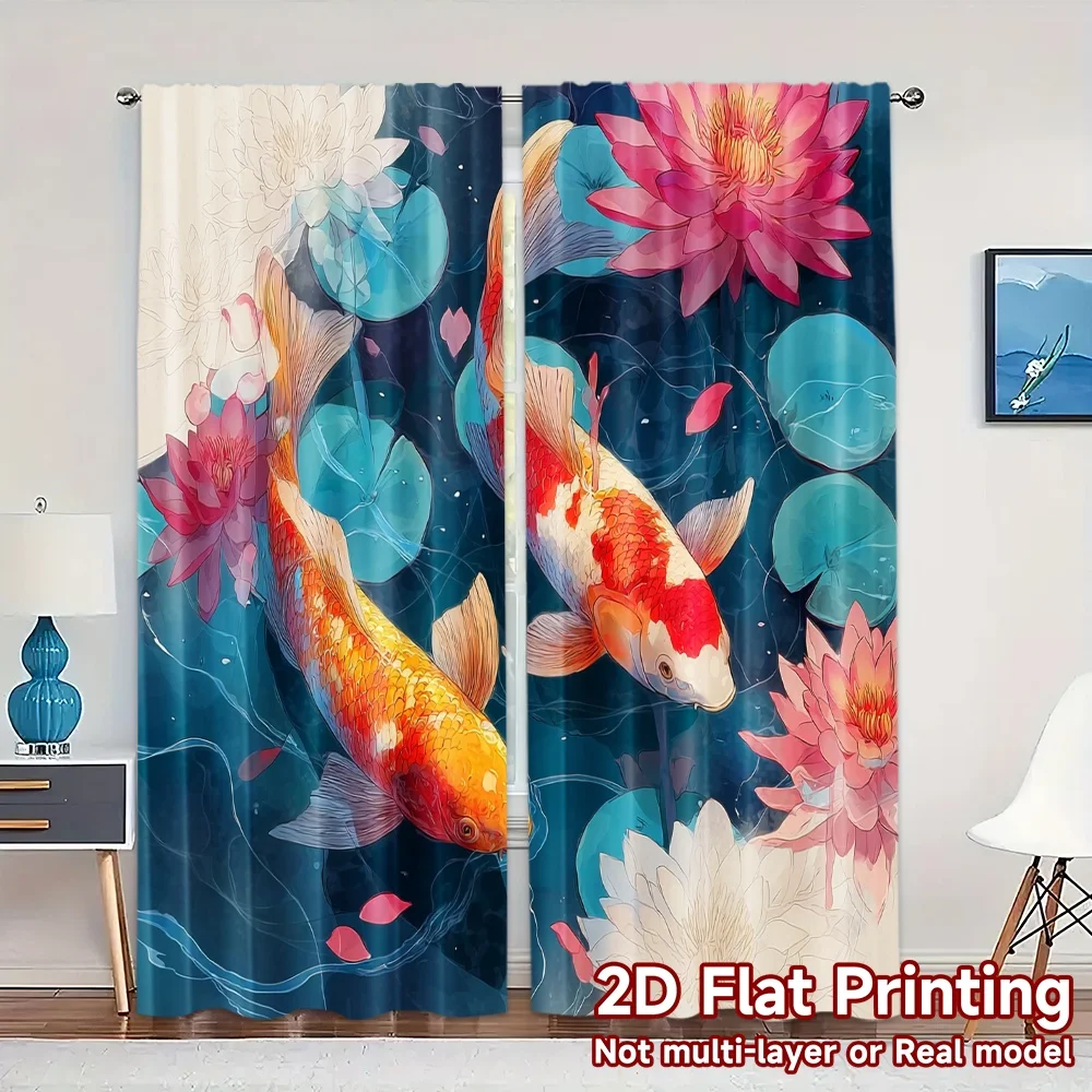 2pcs, 2D FLAT PRINTING Curtains (Without Rod) Koi Harmony Popular Curtain Fabric Versatile Fabric Curtains Room Decor Use for