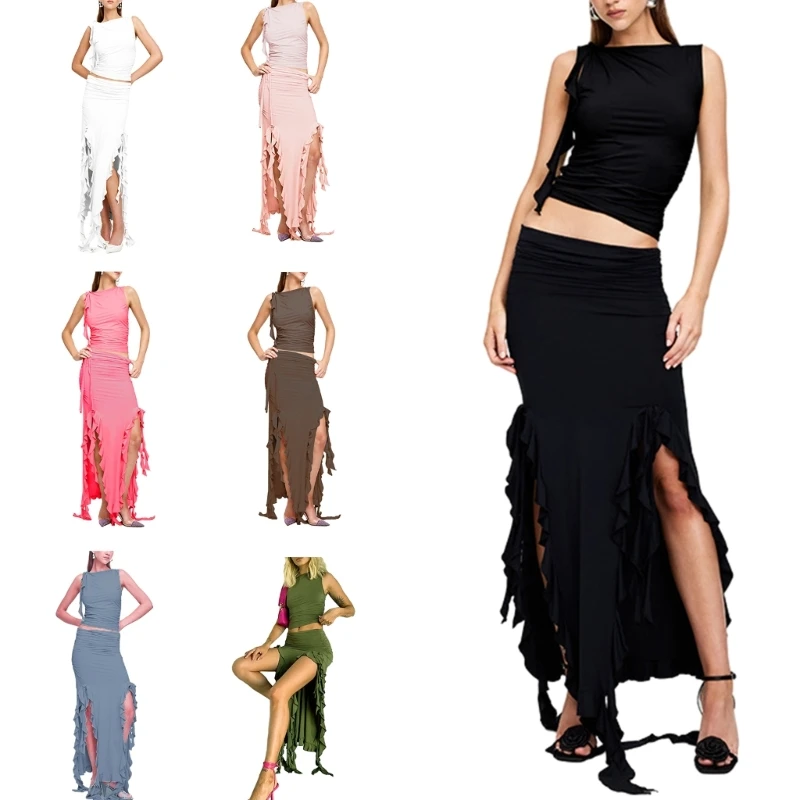 

Women's 2 Piece Dress Sleeveless Crop Top and Ruffle Bodycon Maxi Skirt Set Dropship