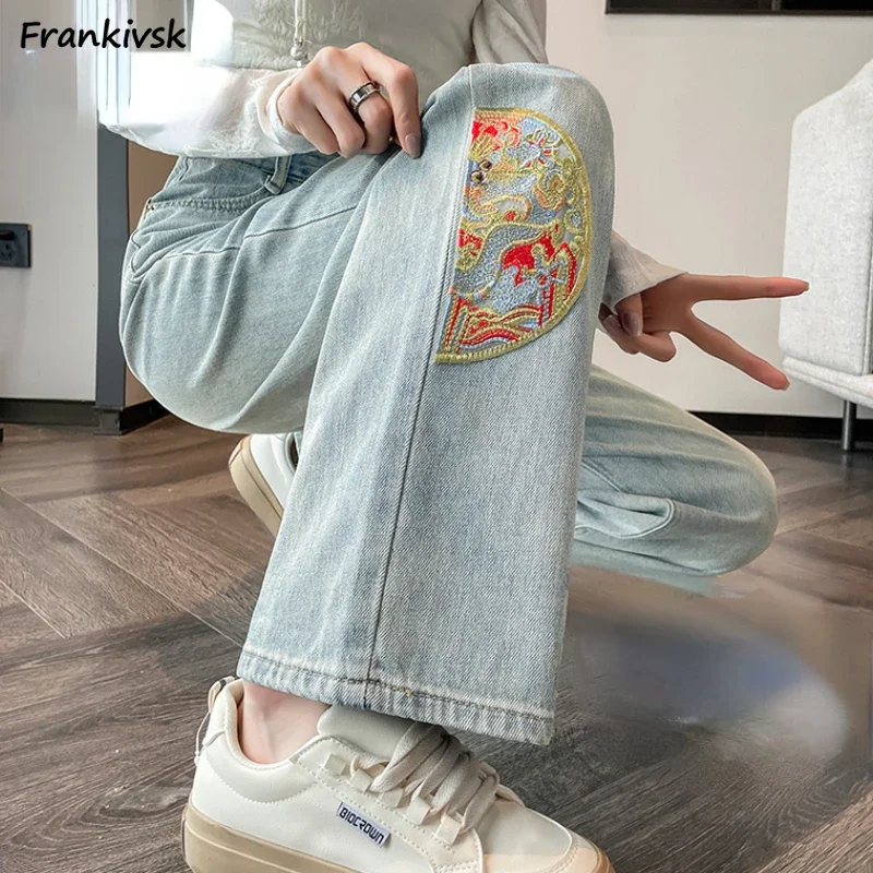 Jeans Women Chinese Style Embroidery Gentle Casual Washed Fashion Wide Leg Trousers Holiday Streetwear Daily Temper High Waist