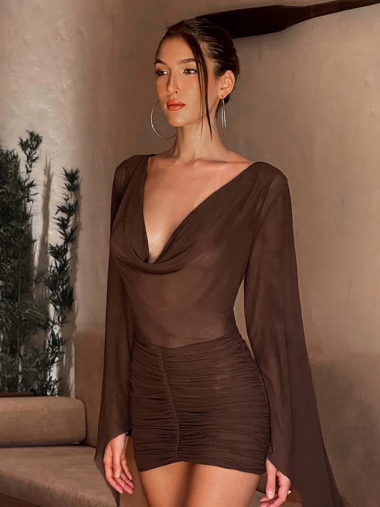 Weird Puss Kleid mit Schwingkragen für Damen, sexy, modisch, mit Mesh-Patchwork, gerafften Puffärmeln, heiß, trendig, für Party und Club, pfirsichfarben, figurbetont – Detail 12