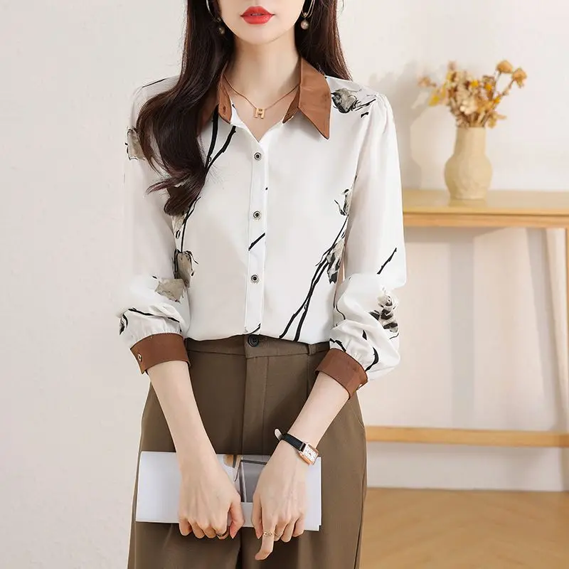 Simplicity Commute Temperament Fashion Versatile Classics Color Block Sweet Ink and Wash Women\'s Chiffon Shirt All Season 2024