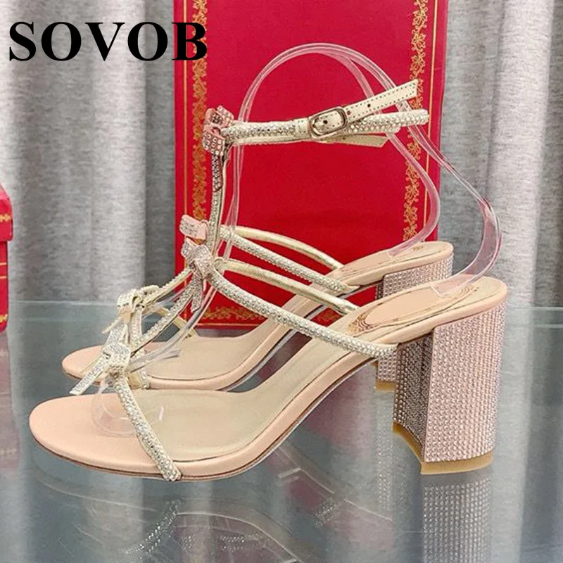 

Summer Rhinestone Bow Decoration Thick Heel Sandals Women's Minimalist Ankle Strap Open Toe Roman Sandalias Party Banquet Shoes