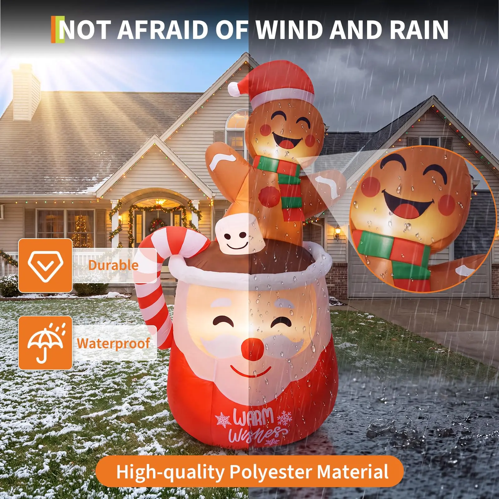 6 Ft Christmas Gingerbread Inflatable With LEDs, Blow Up Hot Cocoa Mug, Yard Decoration, Warm Wishes Sign For Lawn Garden Patio Decor 5