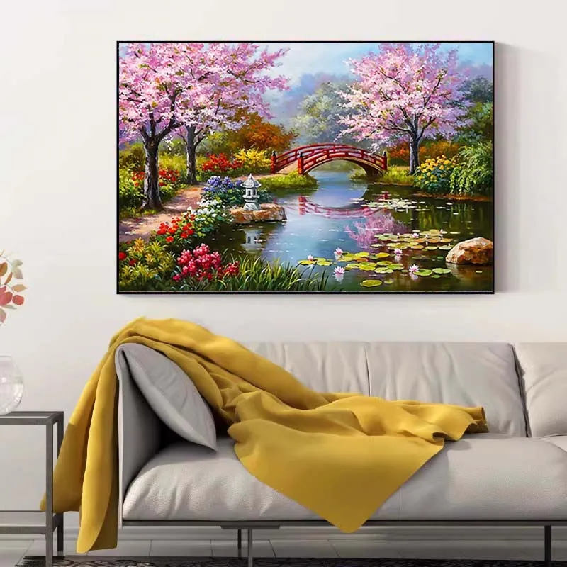 Landscape Cross Stitch Kits Cartoon Houses Stream Cherry Tree Dream Home Decor Painting Embroidery Set DMC Printed Canvas Gift