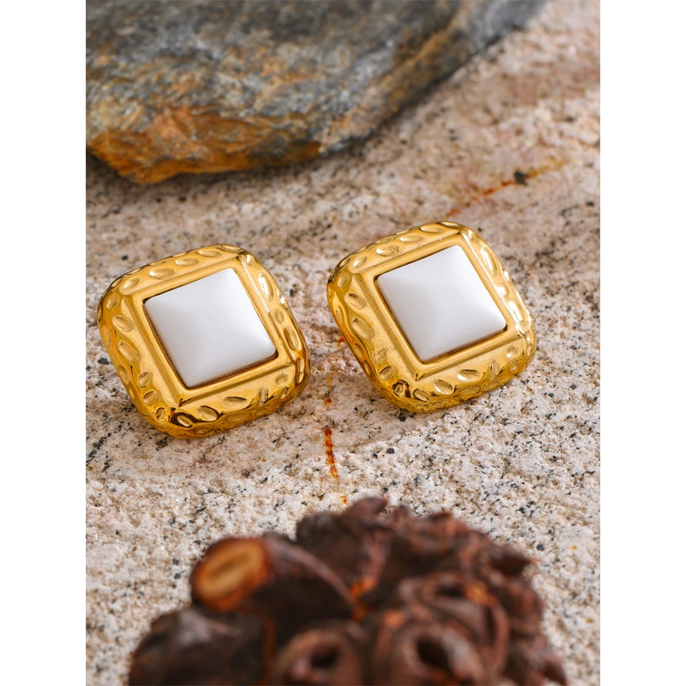 Yhpup 3.0*3.0mm White Natural Stone Square Stud Earrings Waterproof Classic Vintage Fashion Stainless Steel Golden Charm Jewelry