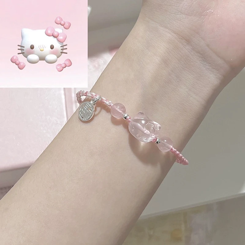 สร้อยข้อมือ hellokittys น่ารักสร้อยข้อมือ Y2k สีชมพูสร้อยข้อมือถักเด็กหญิงโชคดีสร้อยข้อมือคู่เพื่อนของขวัญเครื่องประดับหวานน่ารัก